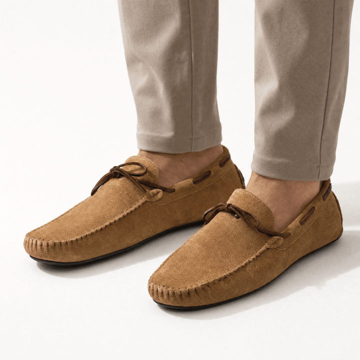 Light Brown Nubuck Suede Lace-Up Loafers worn view