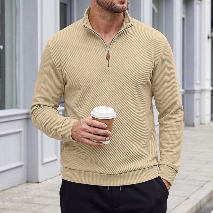 Diagonal Rib Quarter-Zip Sweater with Stand Collar