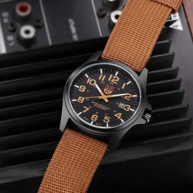 Brown Nylon Strap Field Watch angled view