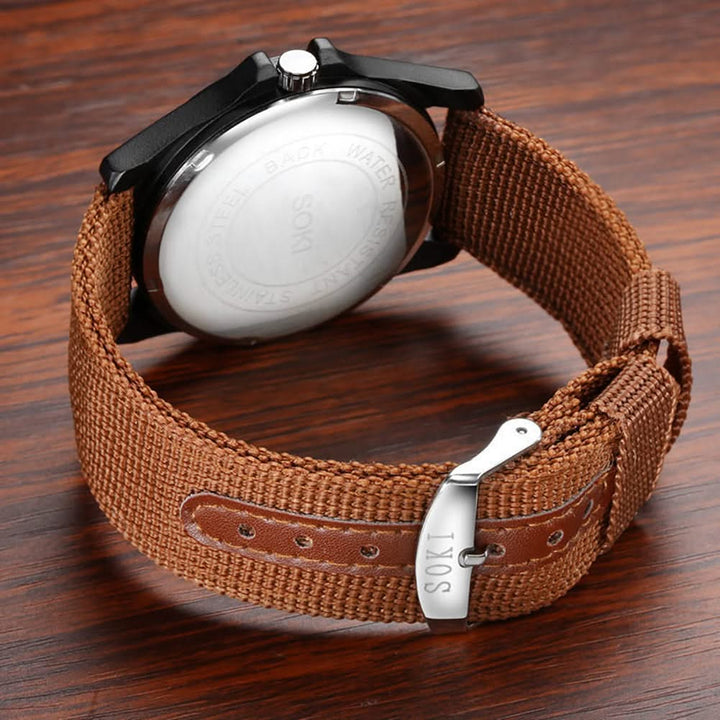 Brown Nylon Strap Field Watch caseback and buckle detail