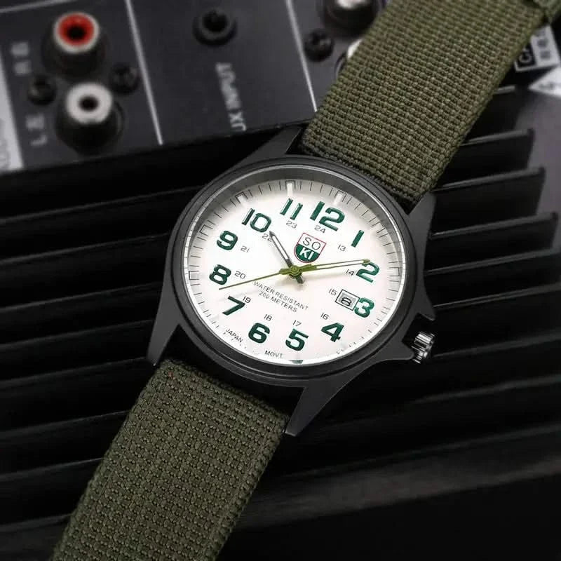 Green Nylon Strap Field Watch angled view