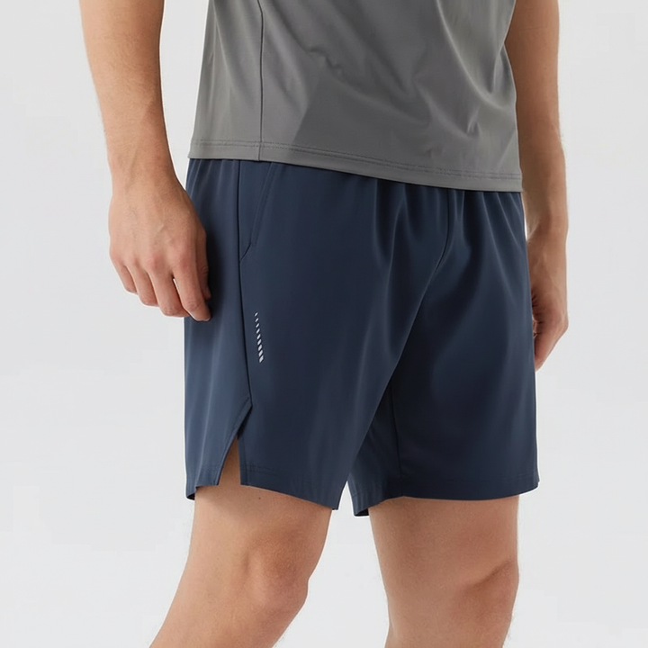 Navy Nylon Stretch Athletic Shorts worn front view
