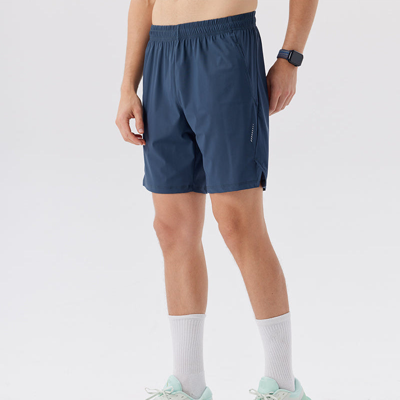 Navy Nylon Stretch Athletic Shorts worn full length