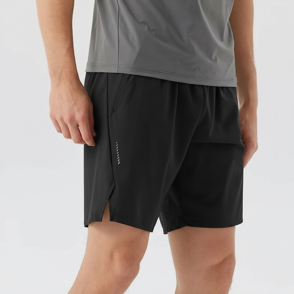 Black Nylon Stretch Athletic Shorts worn front view