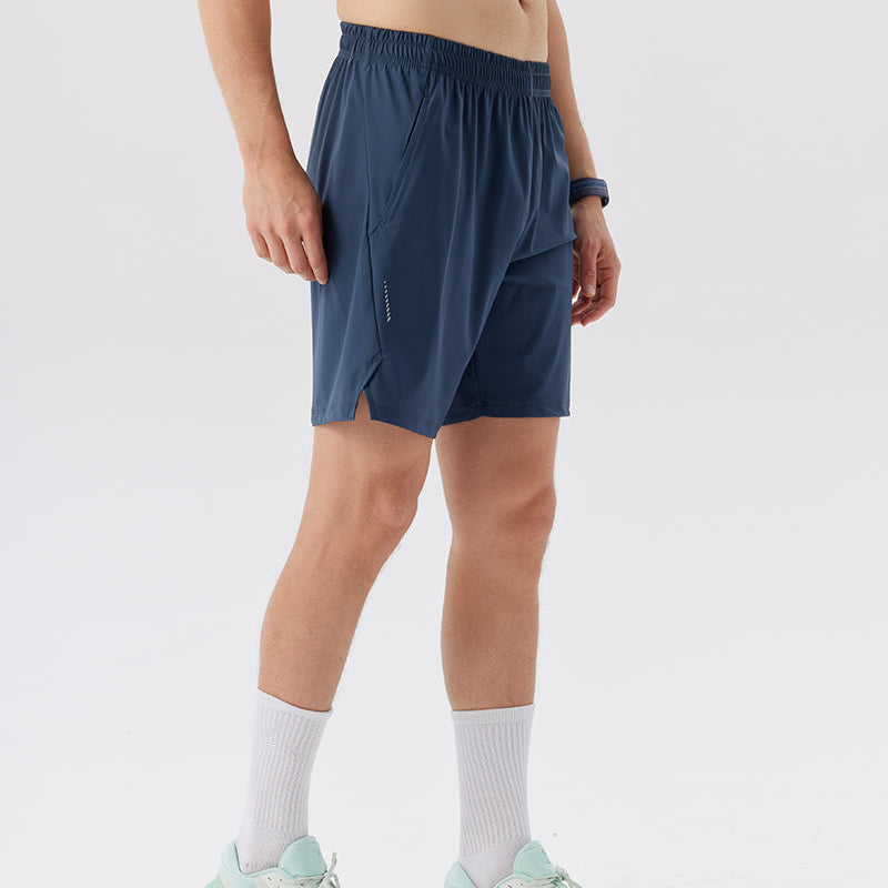 Navy Nylon Stretch Athletic Shorts worn side view