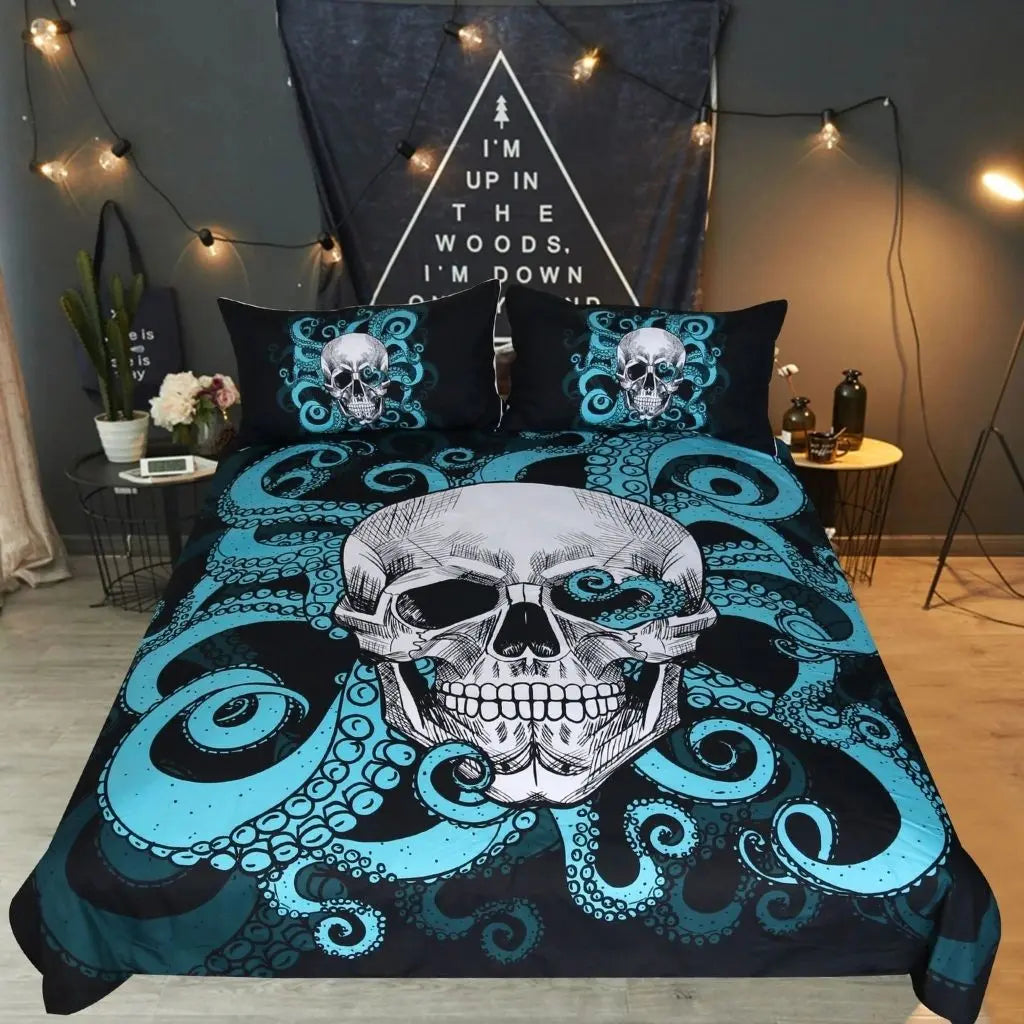 Black Octopus Skull Gothic Duvet Cover Set in bedroom lifestyle