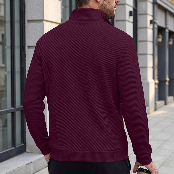 Diagonal Rib Quarter-Zip Sweater with Stand Collar