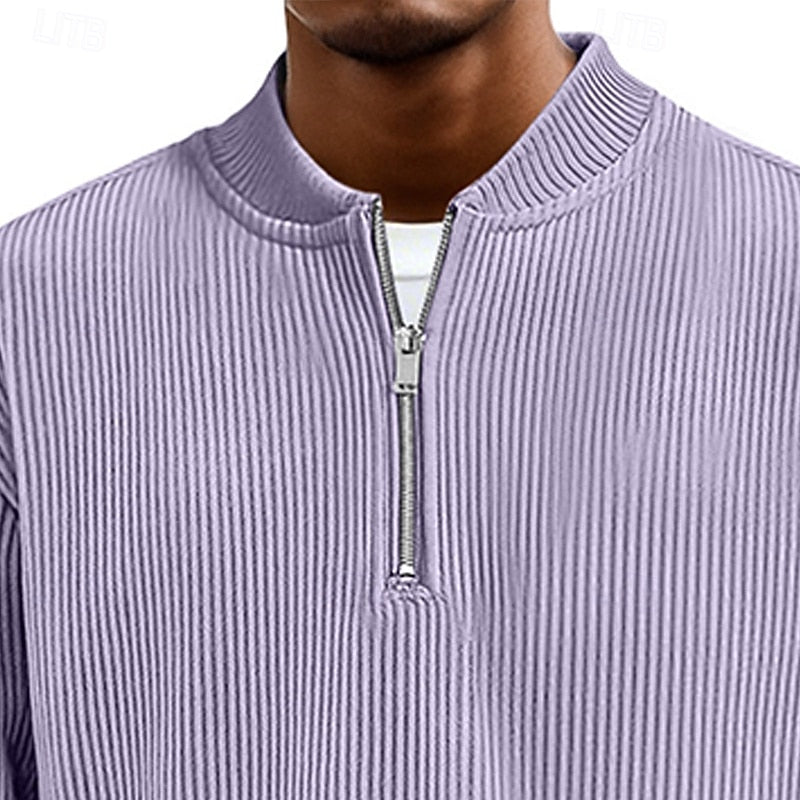 Fine-Rib Quarter-Zip Pullover with Stand Collar