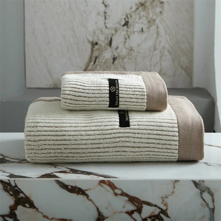 Beige Organic Cotton Striped Bath Towel set folded
