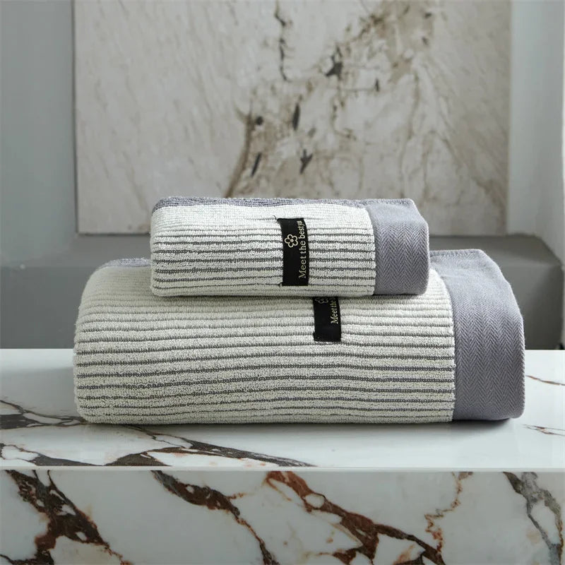 Grey Organic Cotton Striped Bath Towel set folded