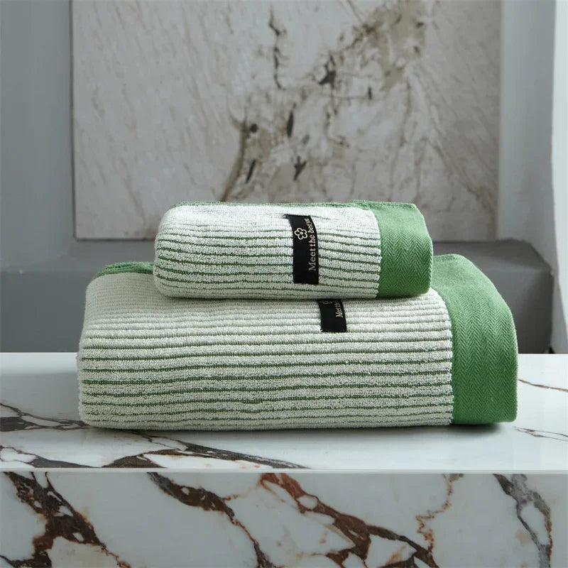 Green Organic Cotton Striped Bath Towel set folded