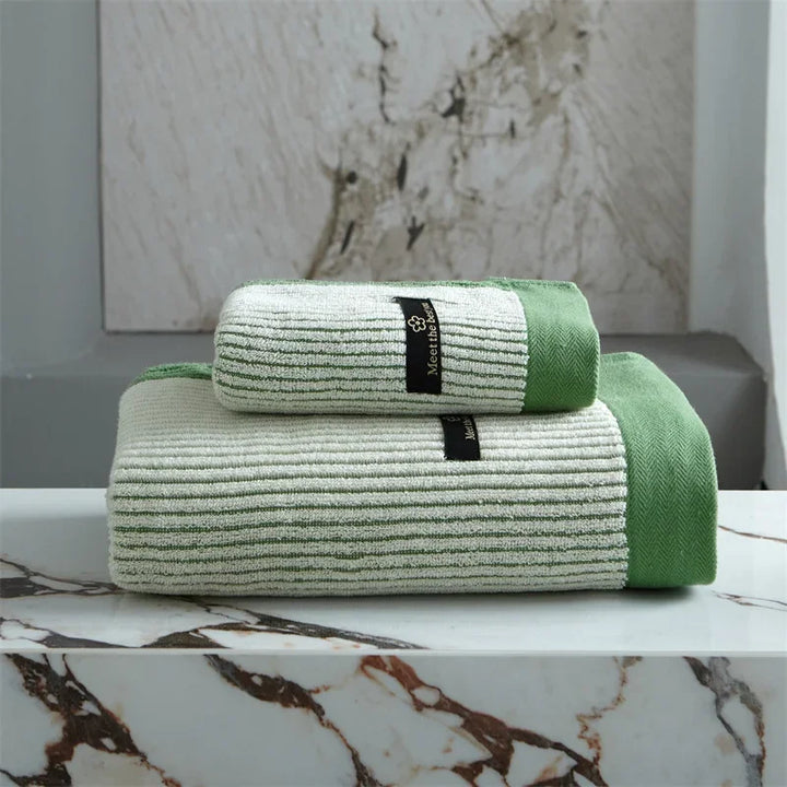 Green Organic Cotton Striped Bath Towel set folded