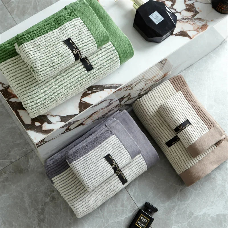 Organic Cotton Striped Bath Towels in three colors flat lay