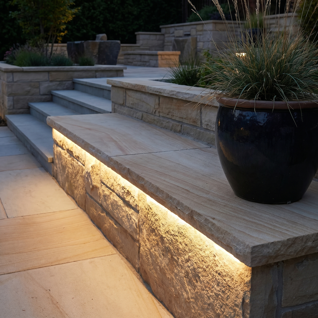 Outdoor Recessed LED Strip Light under stone garden steps