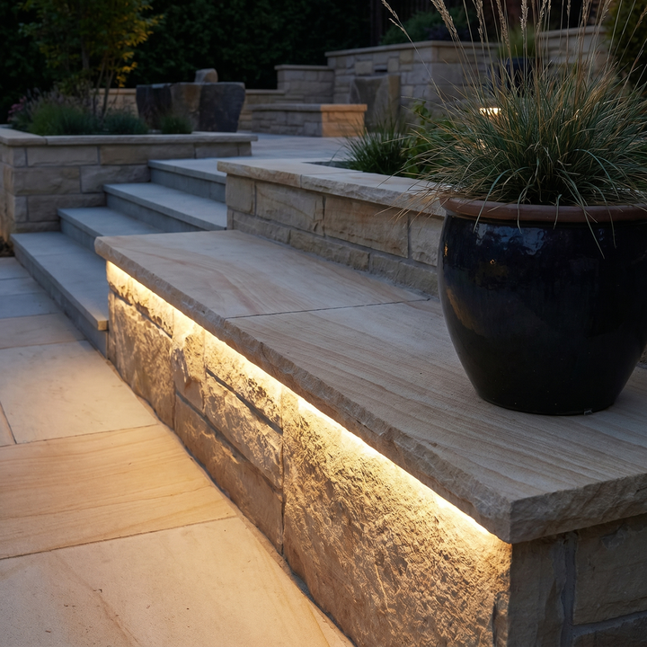 Outdoor Recessed LED Strip Light under stone garden steps