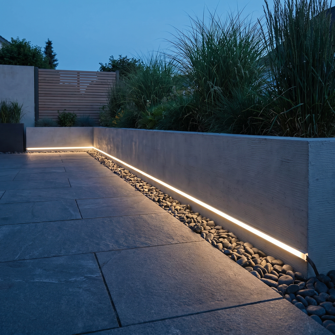 Outdoor Recessed LED Strip Light along patio wall base