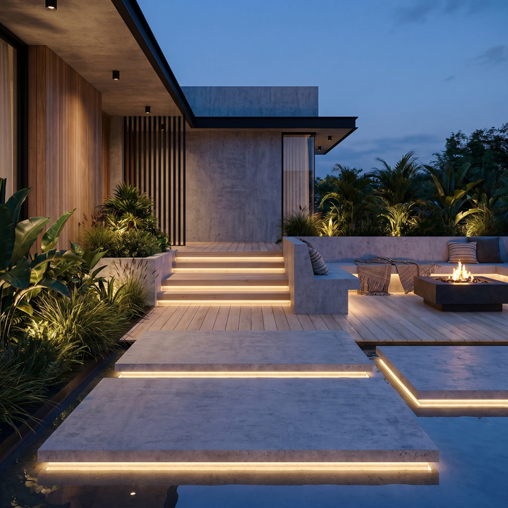 Outdoor Recessed LED Strip Light on terrace steps at dusk