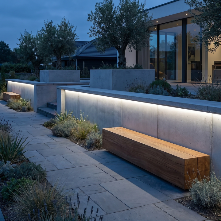 Outdoor Recessed LED Strip Light along courtyard wall and bench