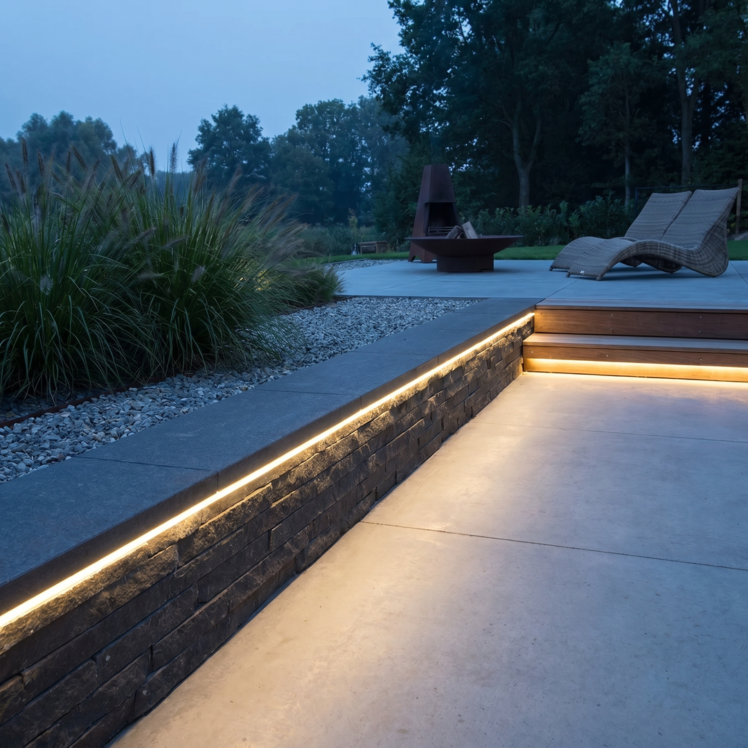 Outdoor Recessed LED Strip Light along patio edge