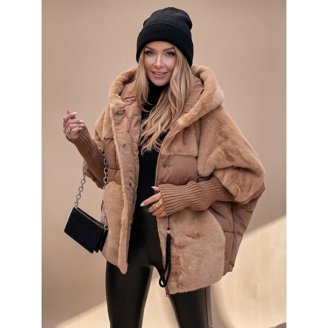 Brown Oversized Faux-Fur Puffer Coat worn front view