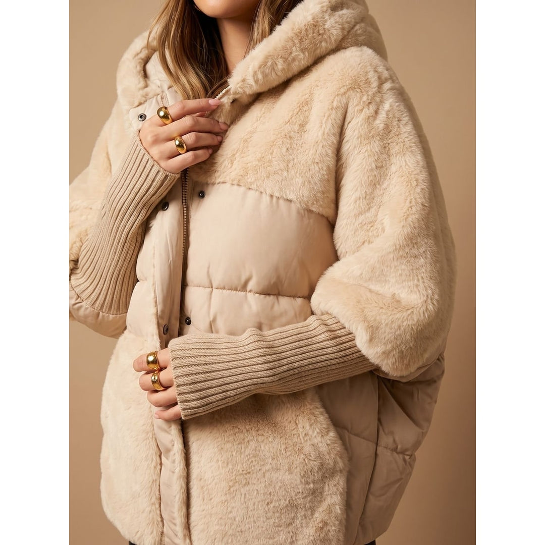 Beige Oversized Faux-Fur Puffer Coat worn front view