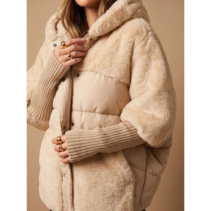 Beige Oversized Faux-Fur Puffer Coat worn front view