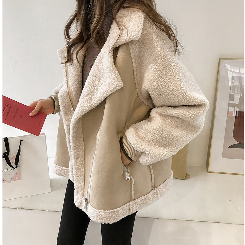 Beige Oversized Faux Shearling Coat worn front view