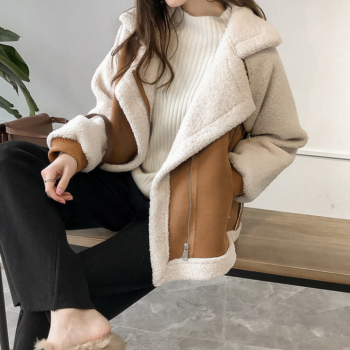 Brown Oversized Faux Shearling Coat worn seated lifestyle