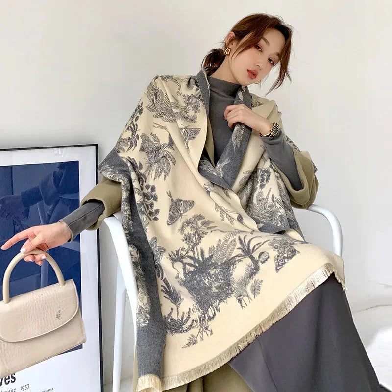 Gray Oversized Floral Print Shawl Scarf worn lifestyle
