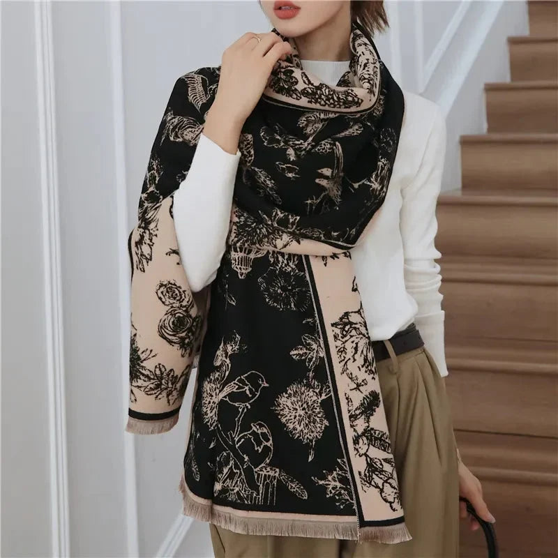 Black Oversized Floral Print Shawl Scarf worn lifestyle