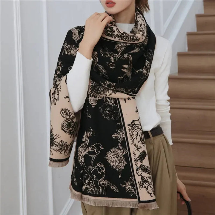 Black Oversized Floral Print Shawl Scarf worn lifestyle