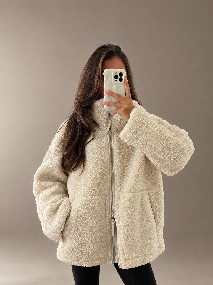 Cream Oversized Sherpa Zip-Up Jacket worn mirror view