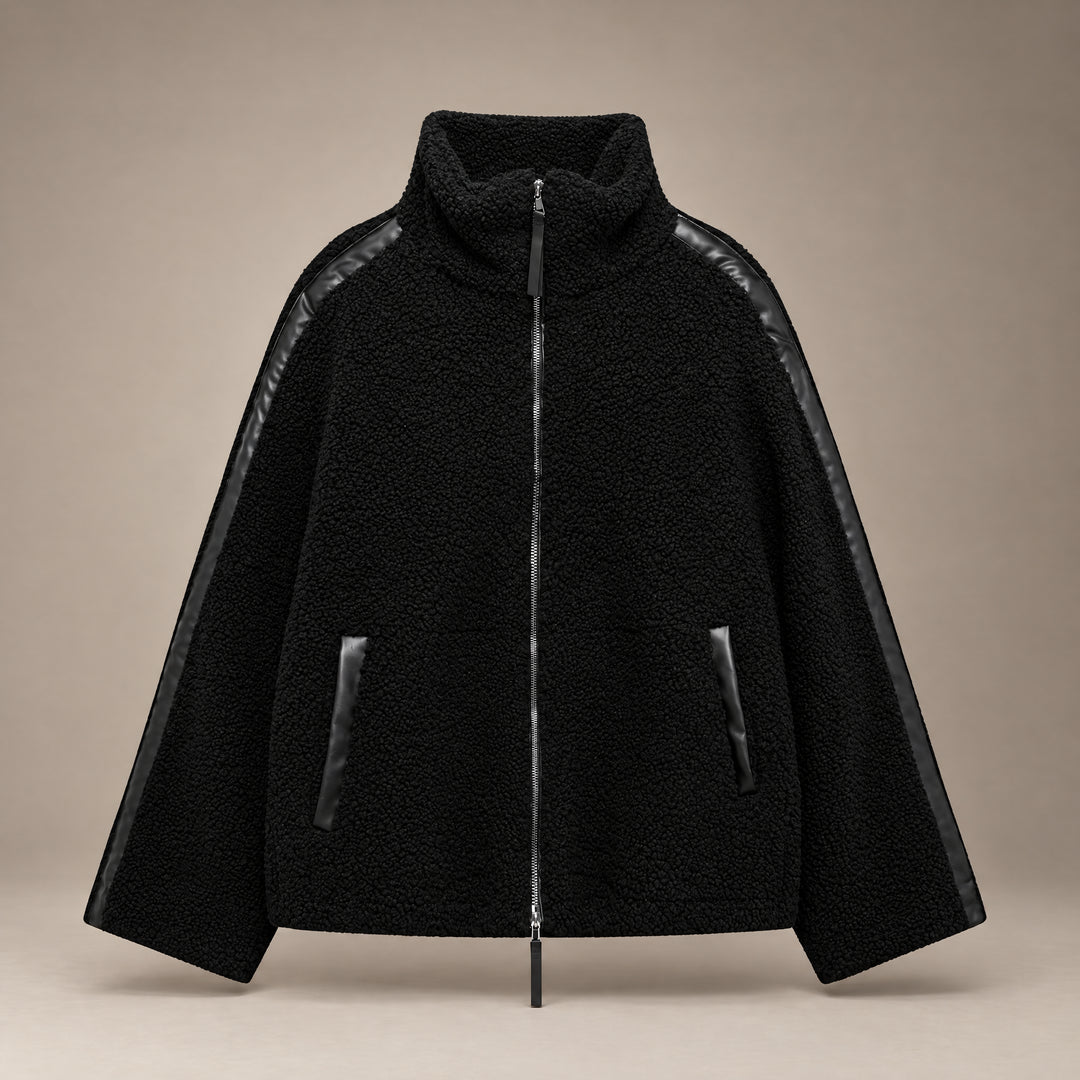 Black with Trim Oversized Sherpa Zip-Up Jacket front view