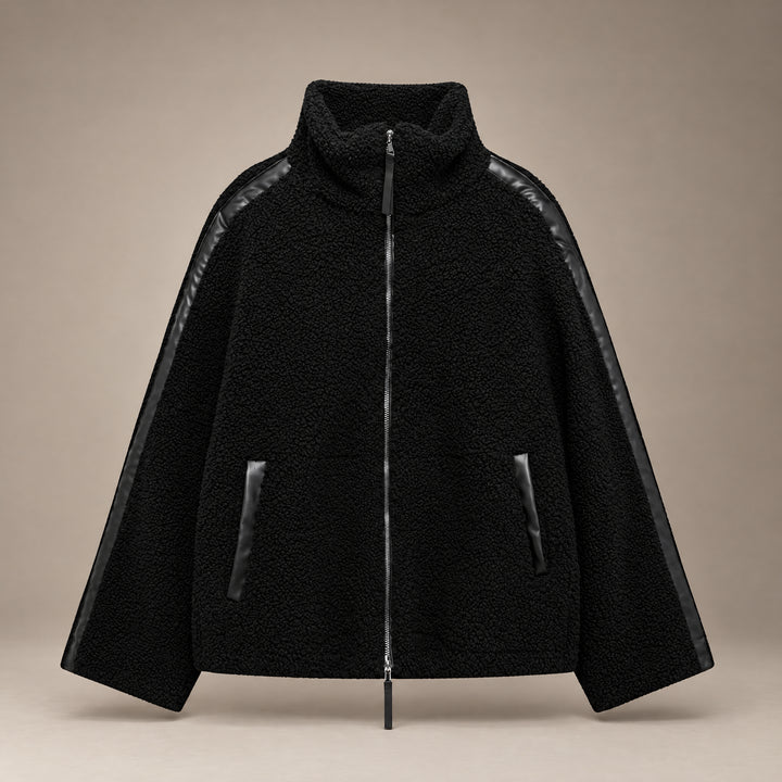 Black with Trim Oversized Sherpa Zip-Up Jacket front view