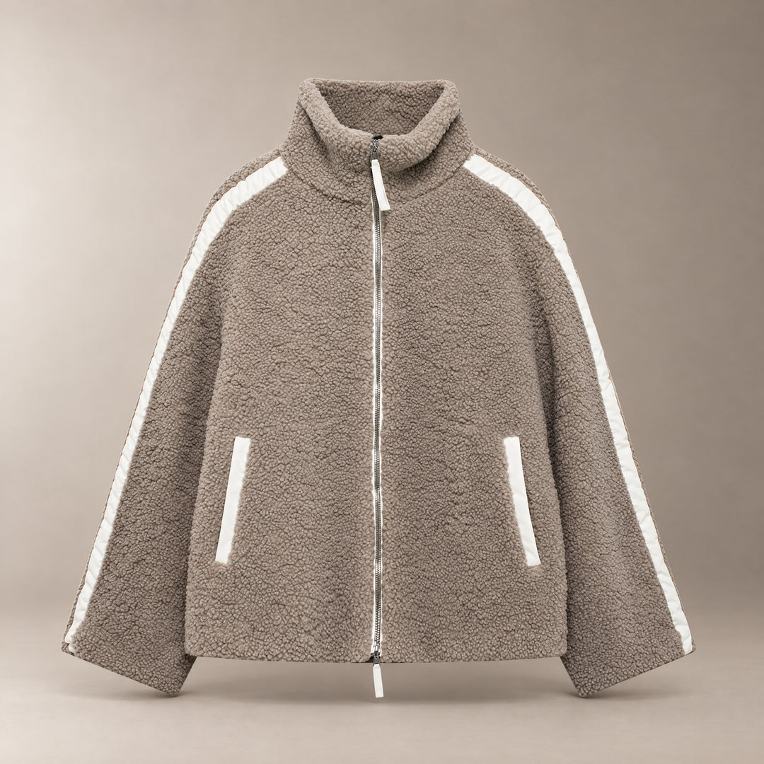 Khaki with Trim Oversized Sherpa Zip-Up Jacket front view
