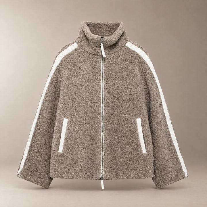 Khaki with Trim Oversized Sherpa Zip-Up Jacket front view
