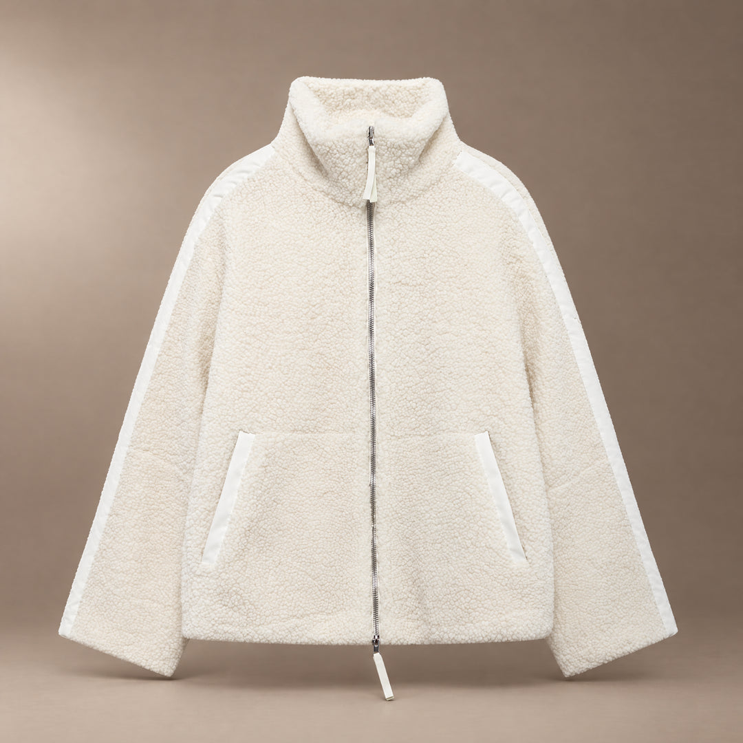 Off-White with Trim Oversized Sherpa Zip-Up Jacket front view