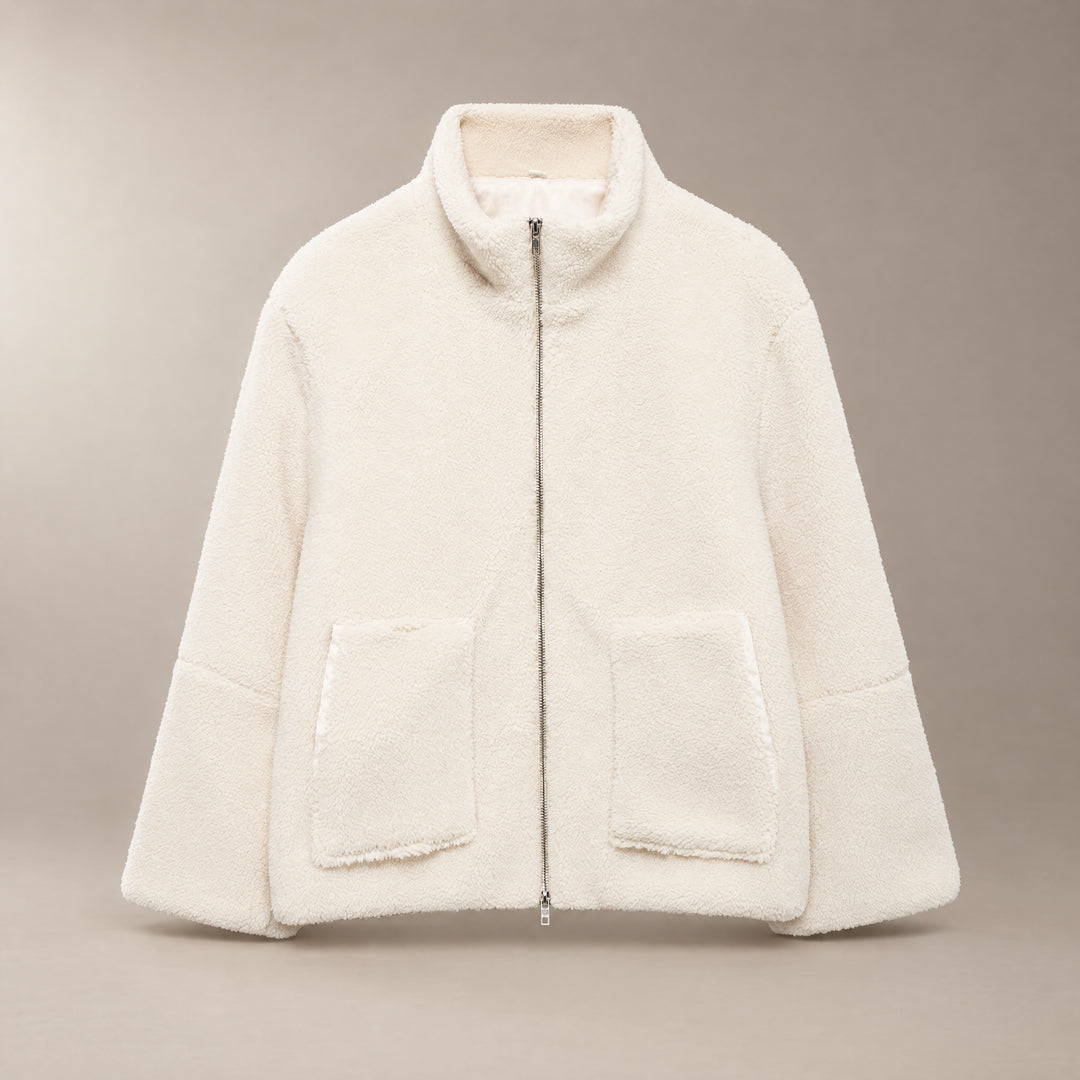Cream Oversized Sherpa Zip-Up Jacket front view