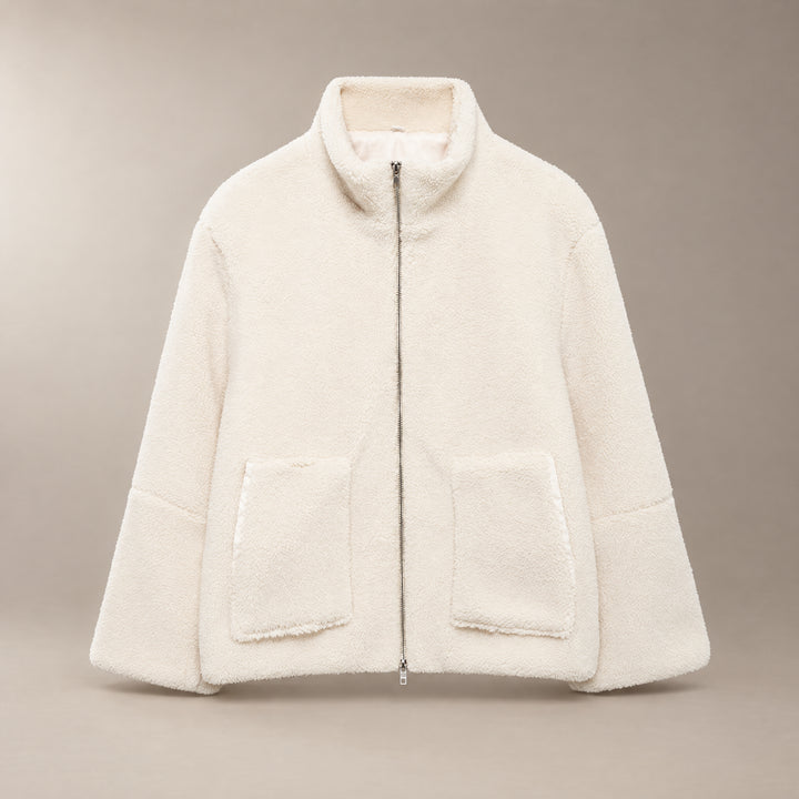 Cream Oversized Sherpa Zip-Up Jacket front view