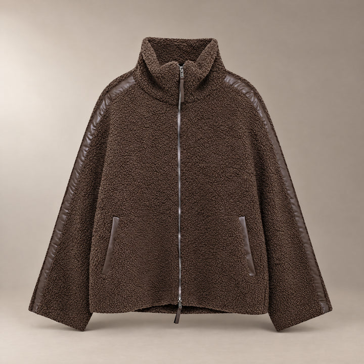 Coffee with Trim Oversized Sherpa Zip-Up Jacket front view