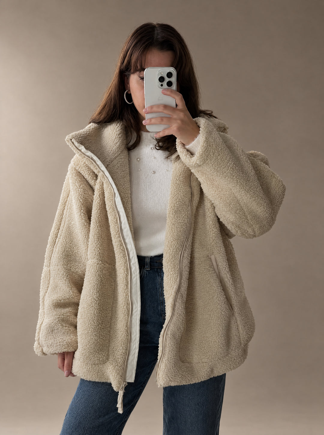 Cream Oversized Sherpa Zip-Up Jacket worn open view