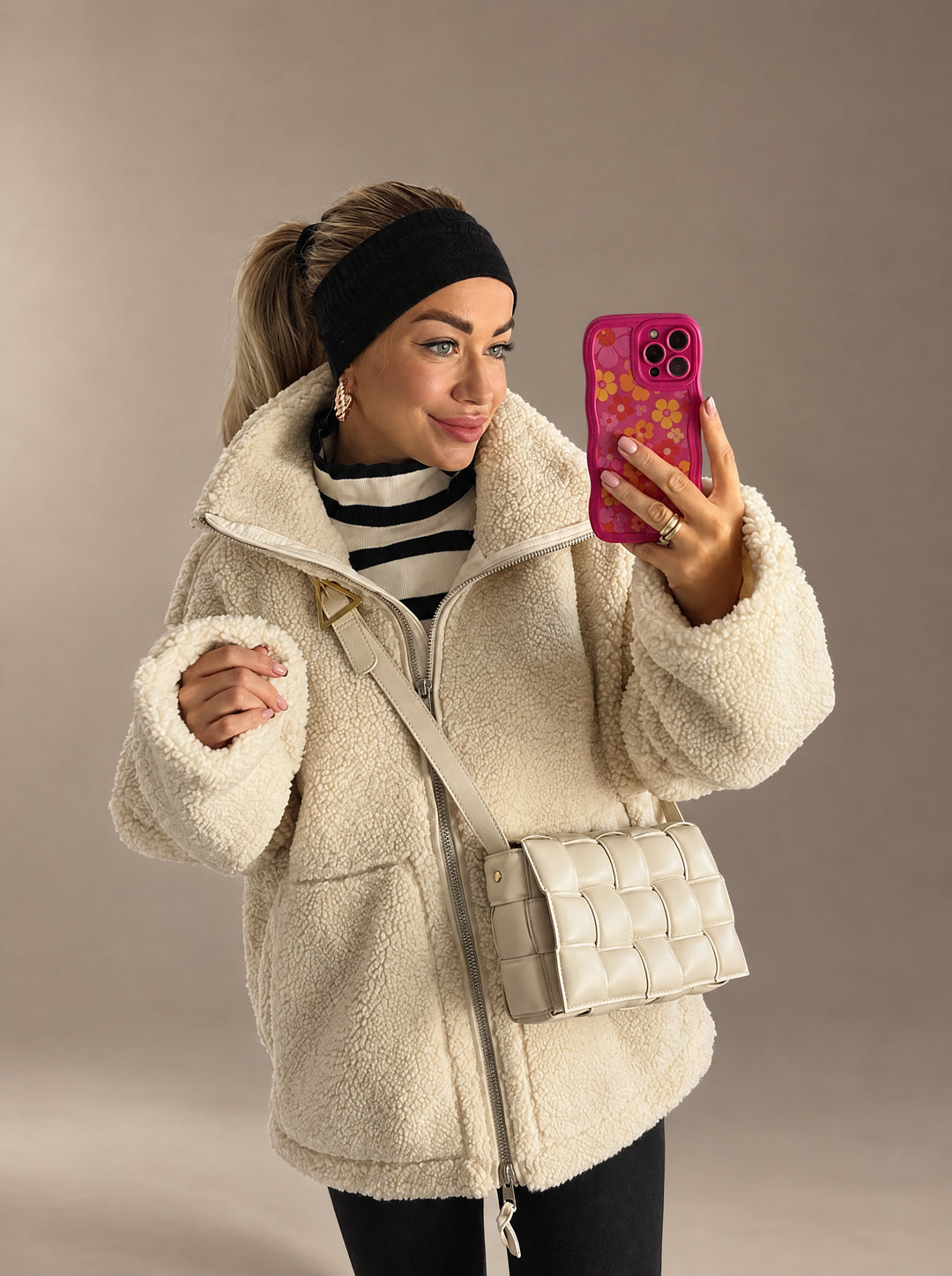 Khaki Oversized Sherpa Zip-Up Jacket worn lifestyle view