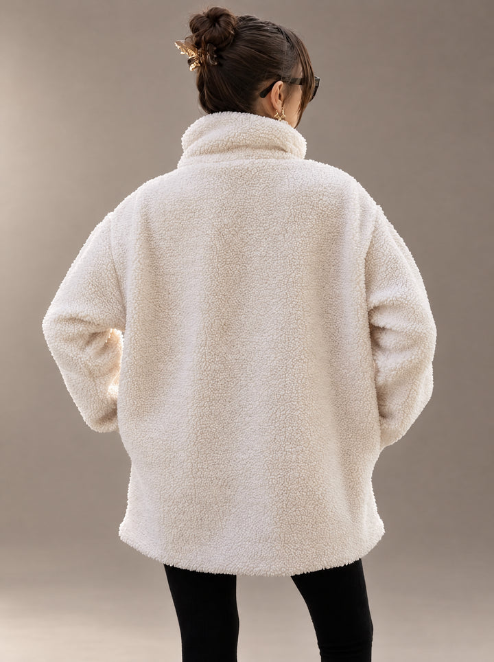 Cream Oversized Sherpa Zip-Up Jacket back view