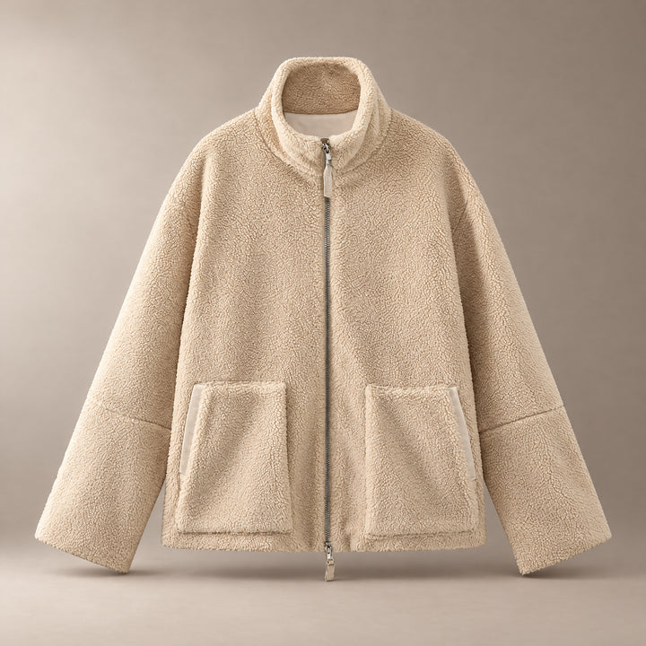 Khaki Oversized Sherpa Zip-Up Jacket front view