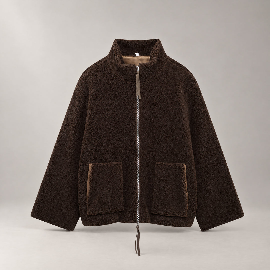 Dark Brown Oversized Sherpa Zip-Up Jacket front view