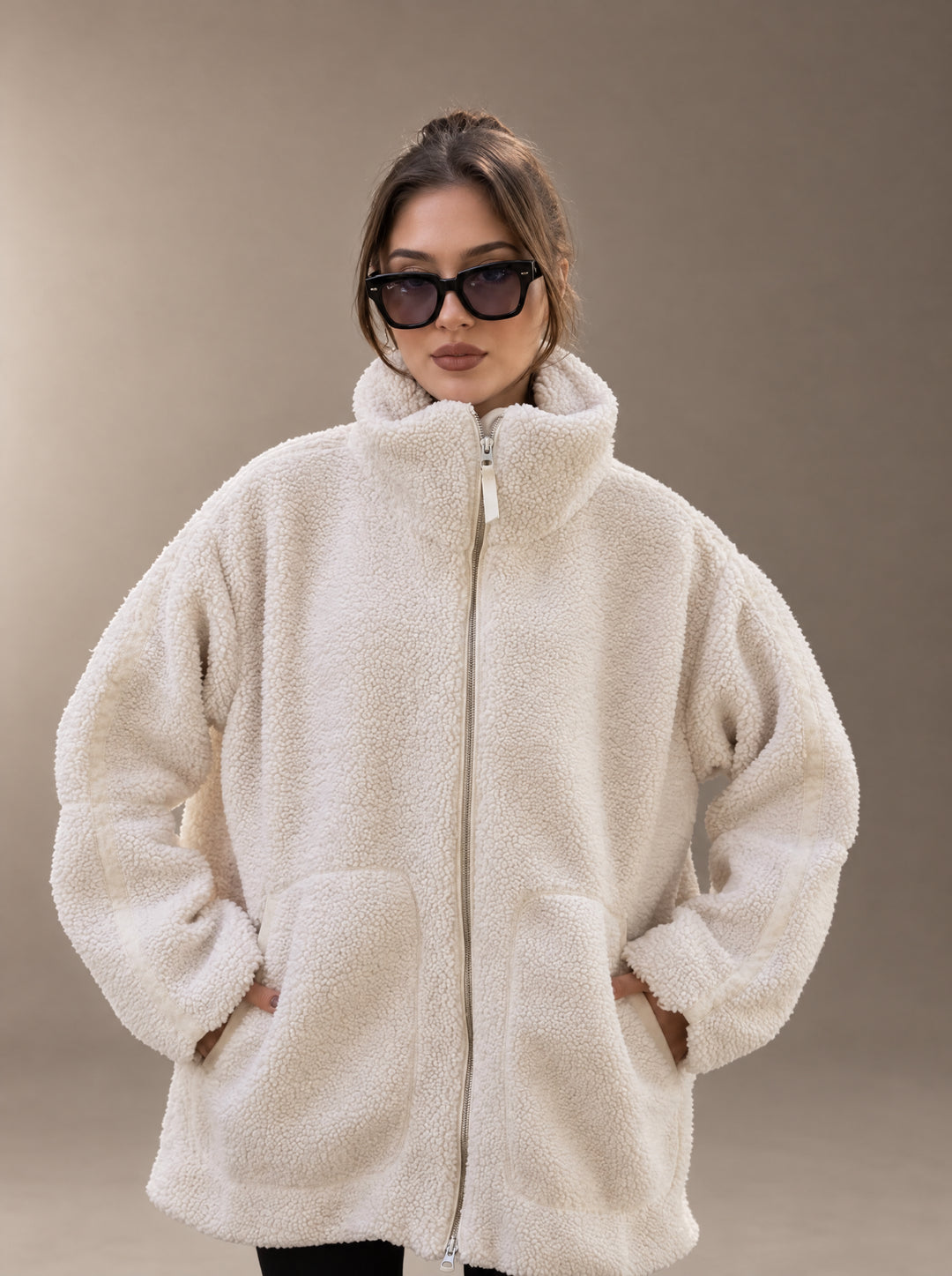 Cream Oversized Sherpa Zip-Up Jacket worn front view