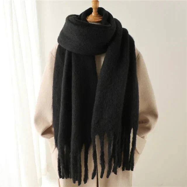Black Oversized Wool Blend Fringe Scarf on mannequin