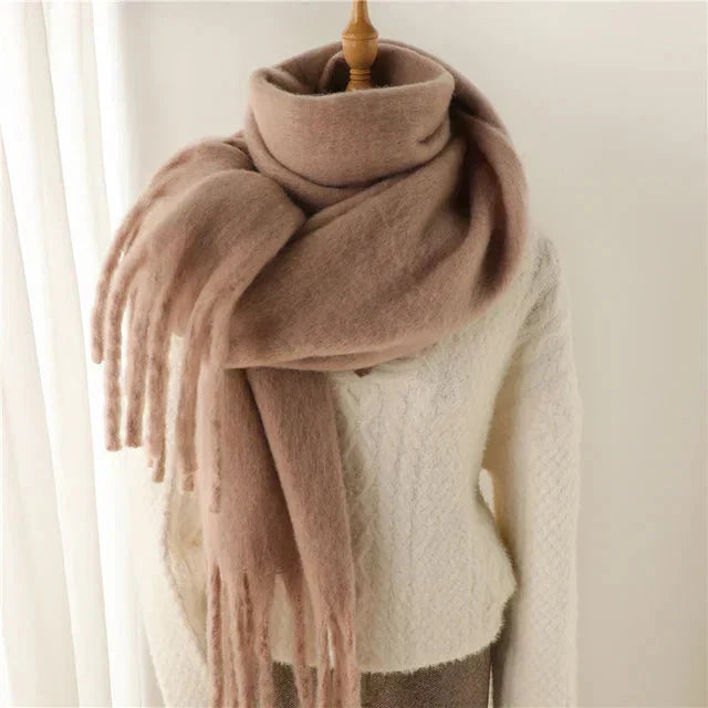 Brown Oversized Wool Blend Fringe Scarf on mannequin