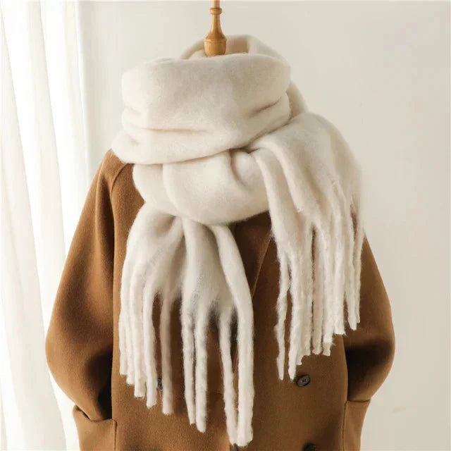 White Oversized Wool Blend Fringe Scarf on mannequin