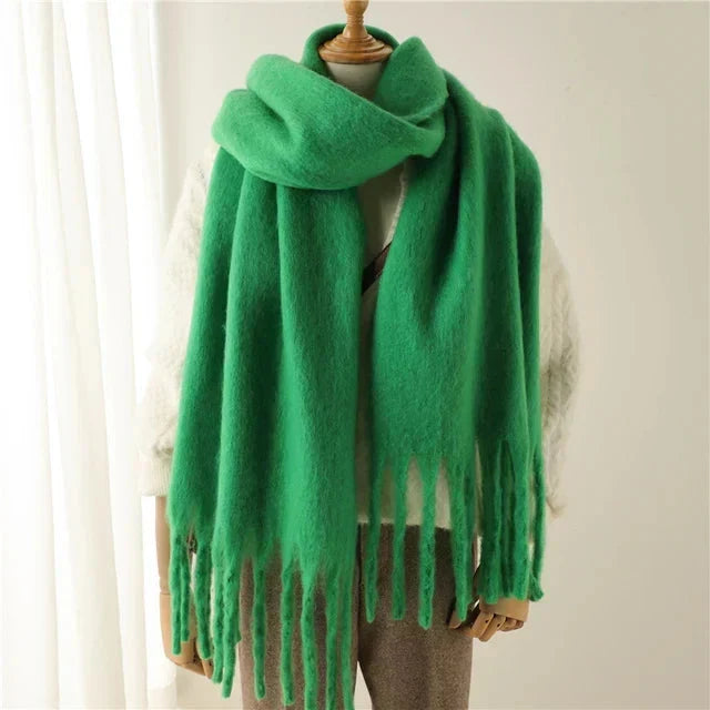 Green Oversized Wool Blend Fringe Scarf on mannequin